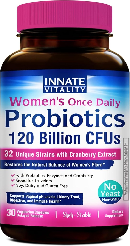 Probióticos femeninos innatos, 120 millones de francos CFU, 32 Strains probados, Probióticos para mujeres, Control de levaduras, Soporte de pH vaginal, Prebióticos, Enzimas digestivas, arándano, una vez diaria 30 cápsulas de verduras
