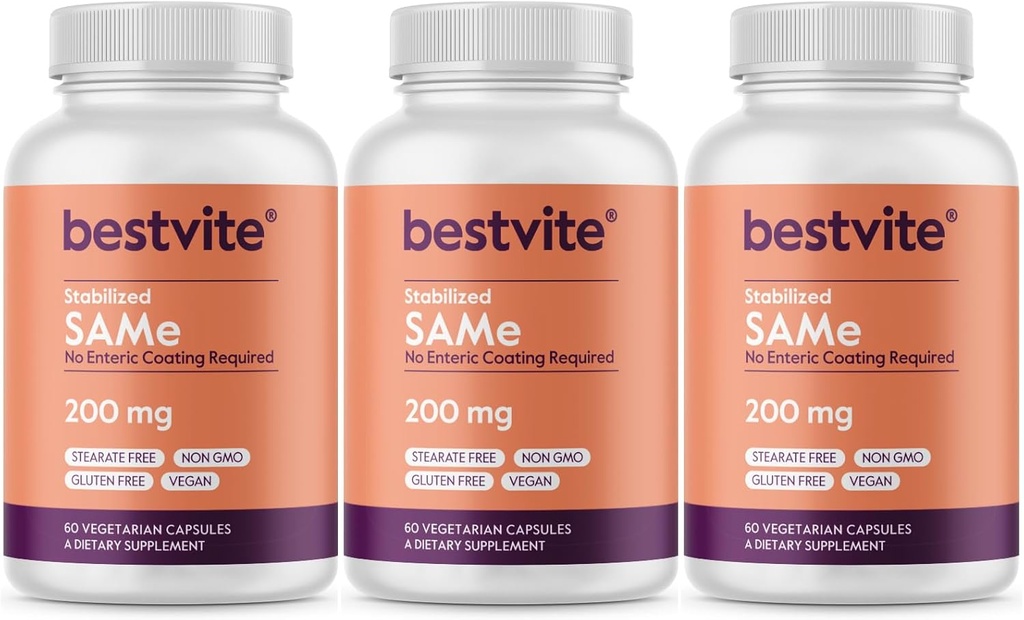 BESTVITE SAM-e 200mg Estabilizado (180 cápsulas vegetarianas) (3-Pack) - Ingrediente Premium de Italia que contiene más del 75% (SS) SAM-e, el nivel más activo disponible