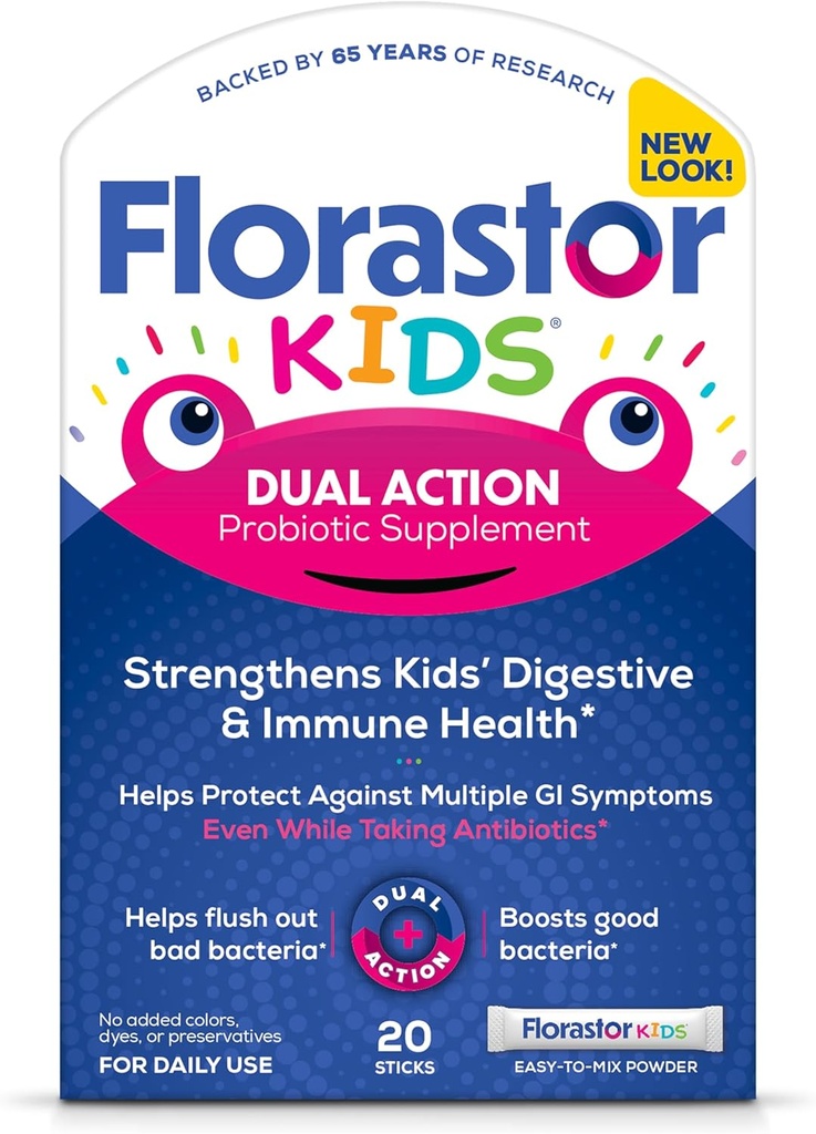 Florastor Kids Dual Action Probiotic Supplement, Strengthenings Kids' Digestive & Immune Health, 20 Easy-to Mix Powder Sticks, Packaging May Vary