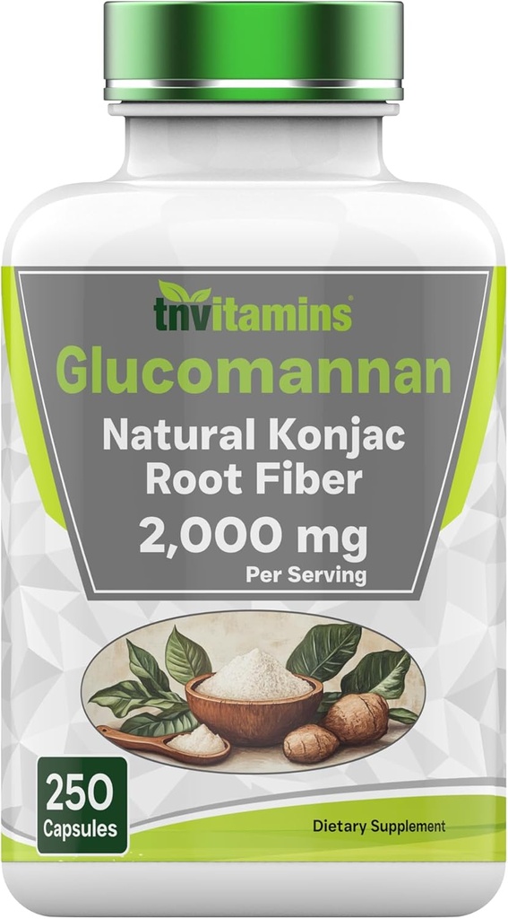 tnvitamins Glucomannan Capsules 2000 MG - 250 Conde ← Natural Konjac Root Fiber Extract Powder Suplemento TEN Soluble, Dietario, " Digestive Fiber Pills ANTE Producido en Los EE.UU.