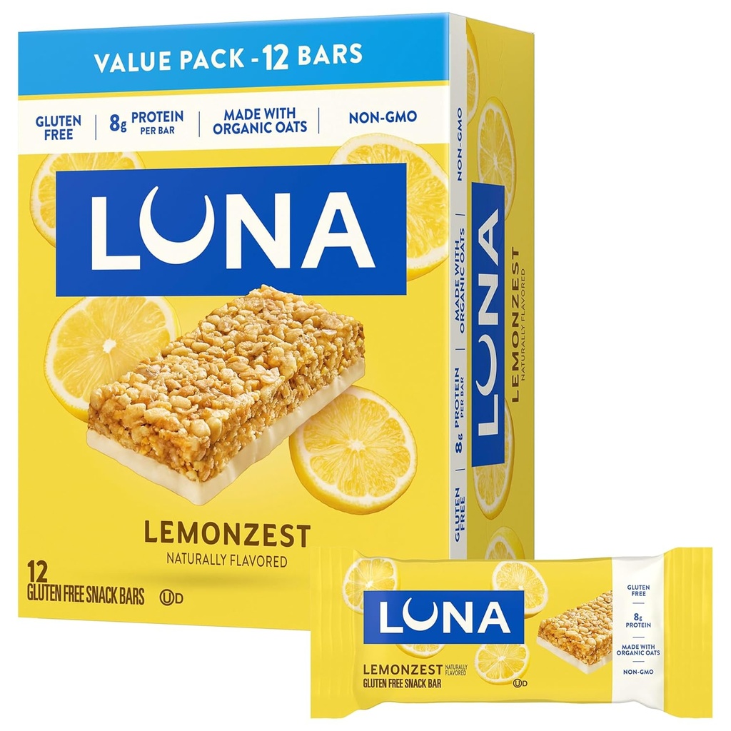 LUNA Bar - LemonZest Flavor - Barras de Snack Gratuitas - Non-GMO - Protein Bares - Hecho con Avenas Orgánicas - Value Pack (12 Pack)