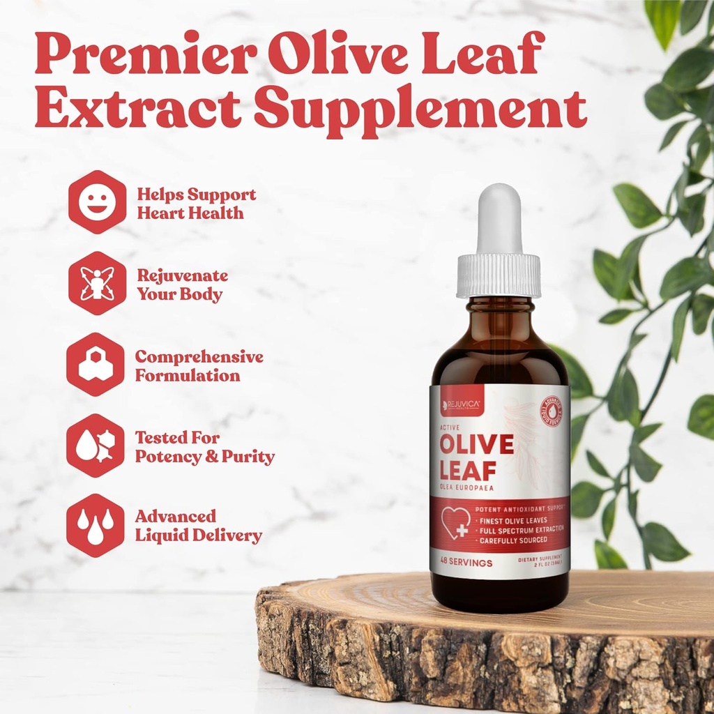 Rejuvica Active Olive Leaf Extract Silencio Naturalmente Occurring Oleuropein Liquid Drops for Immune & Heart Support ← Fast-Absorption, Vegan, Alcohol-Free TEN 4 fl oz
