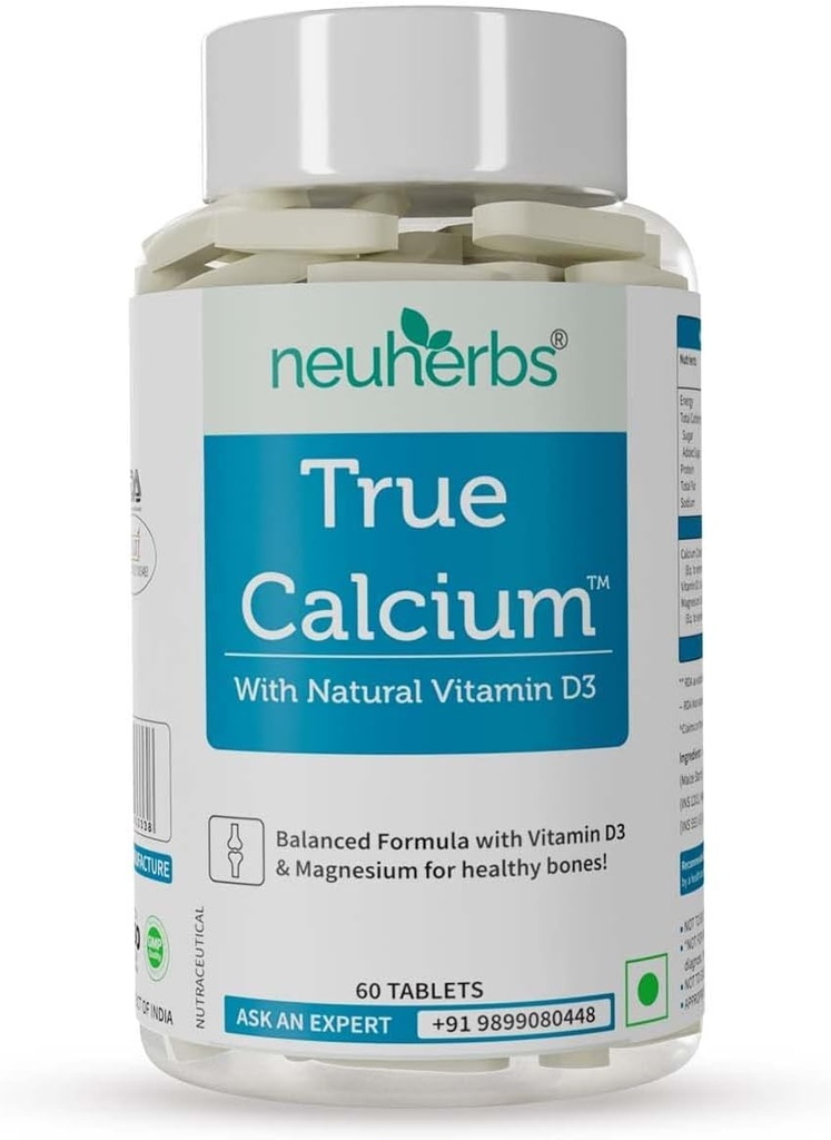 Tru Calcio 1000mg Suplemento para Mujeres Hombres con Vitamina Planta D3 &amp; Magnesio Natural para Huesos Saludables - 60 Tabletas Veganas