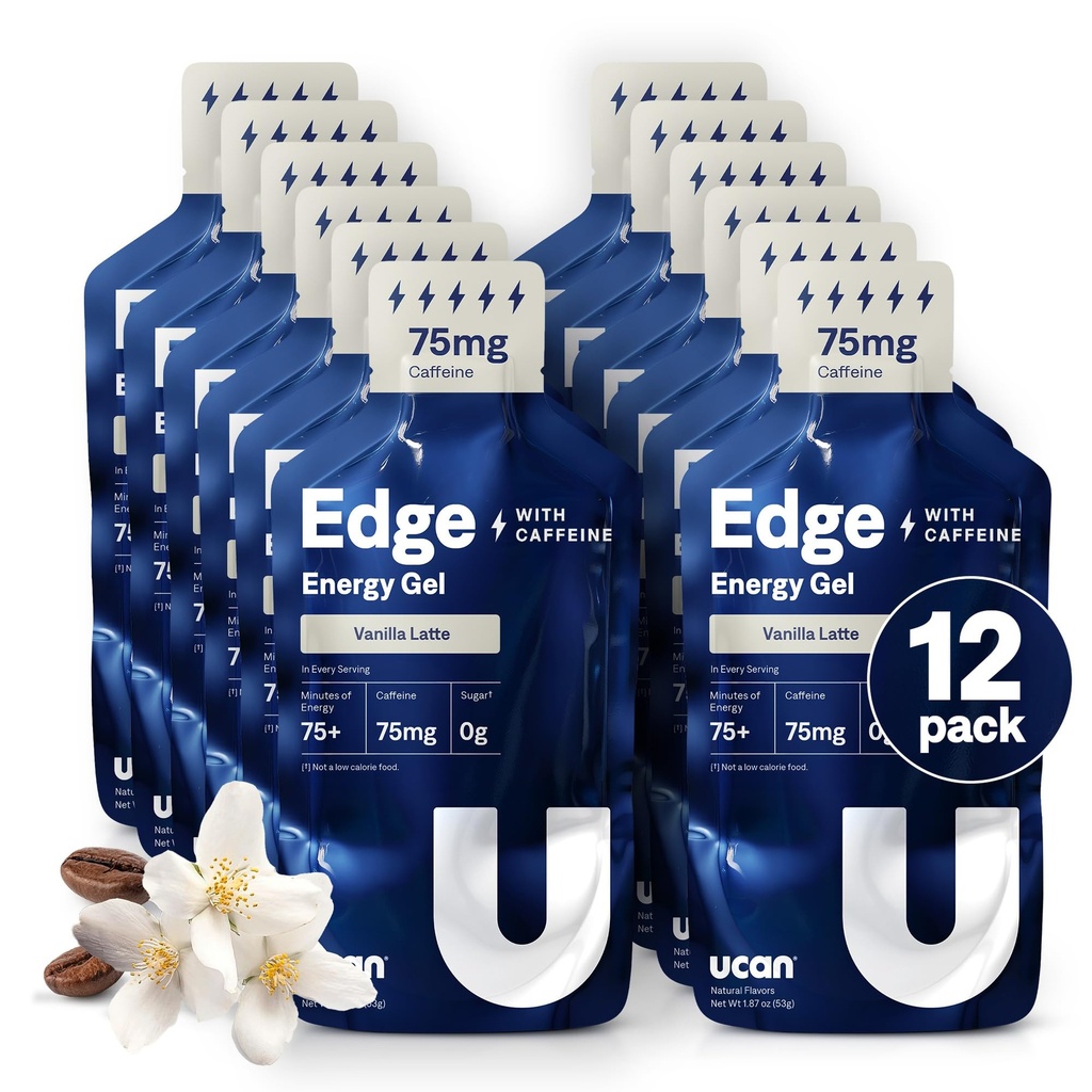 UCAN Edge Energy Gel Shots, Vanilla Latte + Caffeine (12, 2 Ounce Packets) for Running, Training, Workouts, Fitness, Cycling, Crossfit | Sugar-Free, Vegan, & Keto Friendly Energy