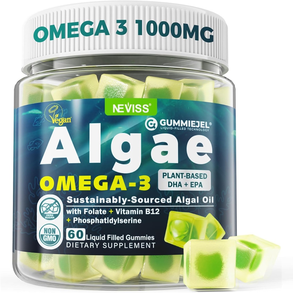 Algae Omega 3 Gummies 1000mg, Plant Based DHA 460mg & EPA 230mg, Omega 3 Fish Oil Alternative for Adults, Plus MethylFolate, Vitamin B12, Phosphatidylserine, No Fishy Taste, Vegan, Sugar Free, 60 Cts