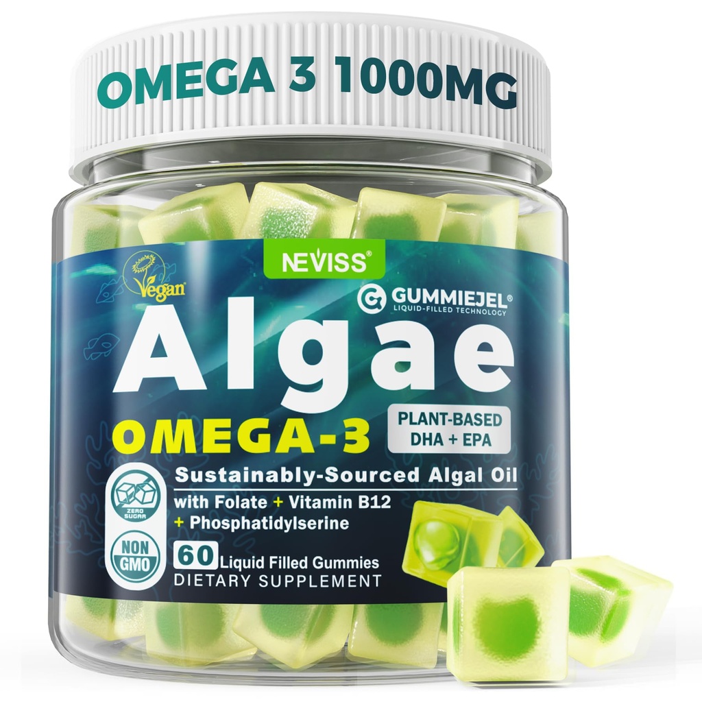 Algae Omega 3 Gummies 1000mg, Planta Basada DHA 460mg &amp; EPA 230mg, Omega 3 Fish Oil Alternative for Adults, Plus MethylFolate, Vitamina B12, Phosphatidylserine, No Fishy Taste, Vegan, Sugar Gratis, 60 Cts
