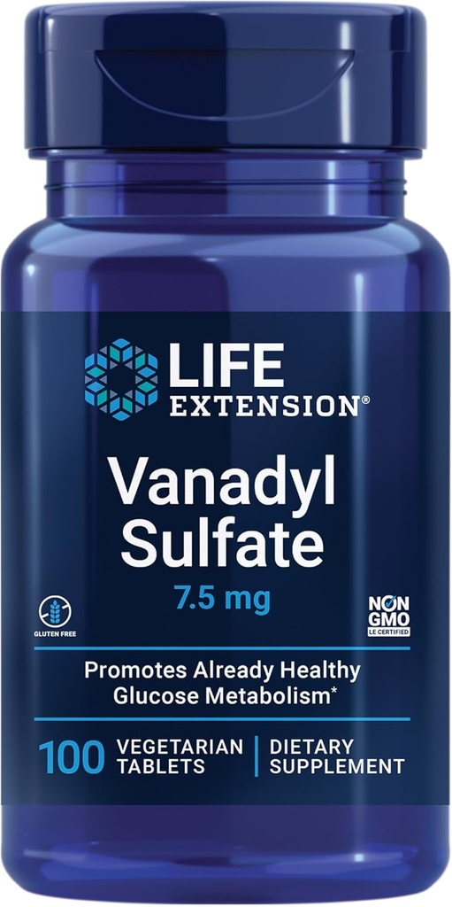 Extensión de vida Sulfato de Vanadyl, Trace Mineral, Vanadium, Equilibrio glicémico saludable, Metabolismo saludable, Función hormonal, Libre de gluten, No Gluten, Vegetariano – 100 Tablets