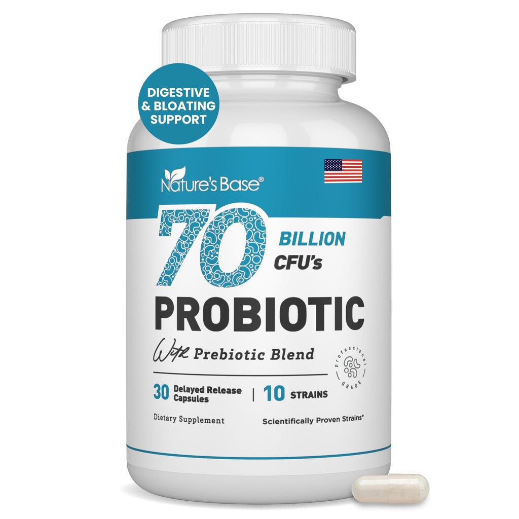 Base Probióticos 70 Billones CFU - 10 Strains Incluyendo Lactobacillus Plantarum " Lactobacillus Acidophilus Probiótico - Prebióticos para la Salud Digestiva de Mujeres Hombres - 30 cápsulas
