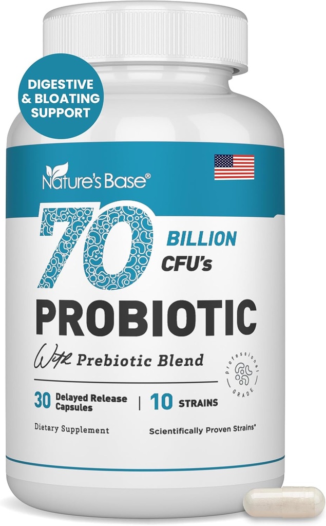 Nature's Base Probiotics 70 Billion CFU - 10 Strains Including Lactobacillus Plantarum & Lactobacillus Acidophilus Probiotic - Prebiotics for Women & Men's Digestive Health - 30 Capsules