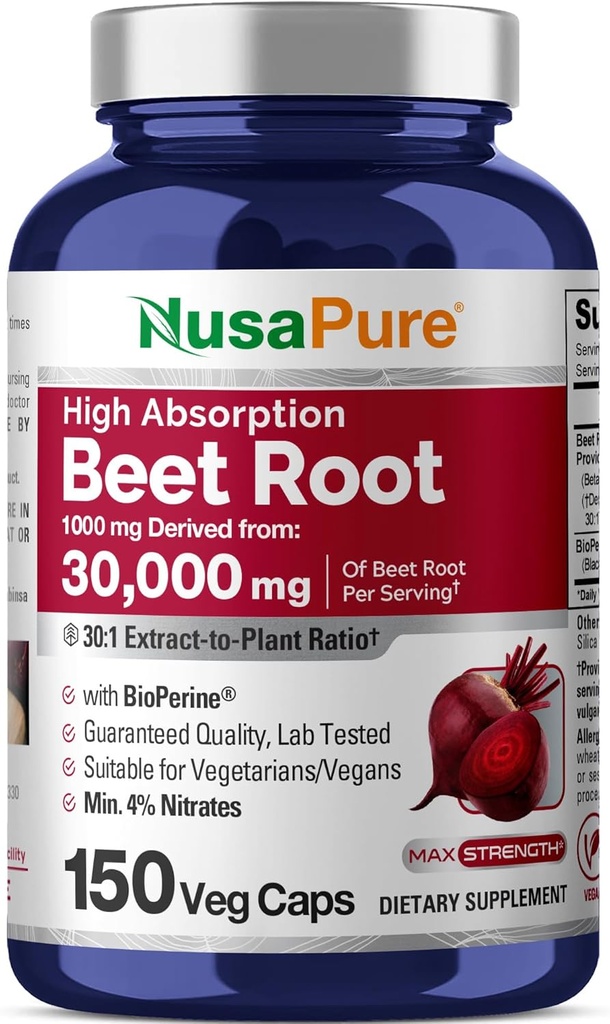 NusaPure Beet Root 30:1 Extract, 1000 mg Equivalent to 30,000 mg 150 Veggie caps (Vegan, Non-GMO & Vegan 4% Nitrates) Bioperine