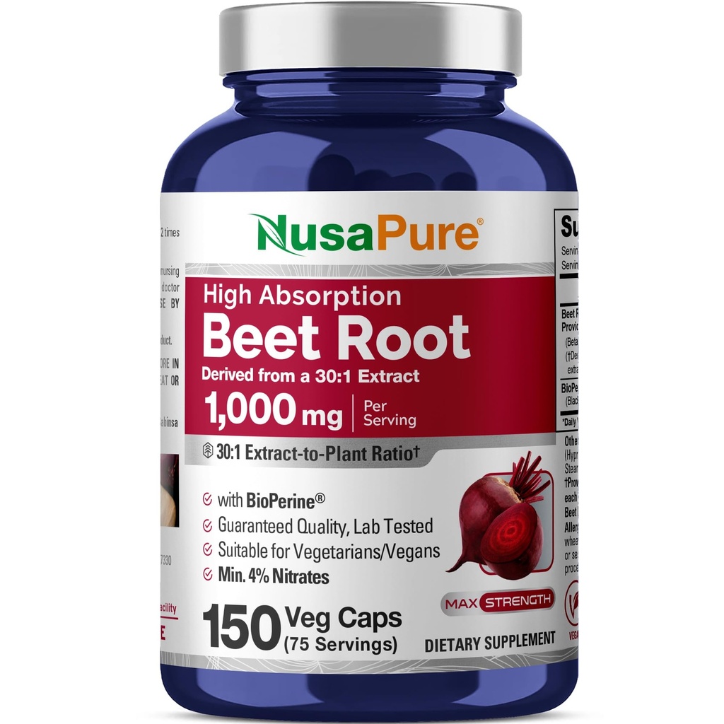 NusaPure Beet Root 30:1 Extracto, 1000 mg Equivalente a 30.000 mg 150 Gotas vegetarianas (Vegan, No GMO & Vegan 4% Nitrates) Bioperina
