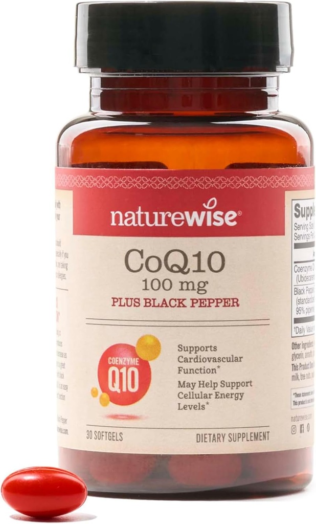 NatureWise CoQ10 100mg + Black Pepper Softgels - High Absorption Coenzyme Q10 + Black Pepper - Antioxidant for Heart Health + Cellular Energy - Vegan, Non-GMO, Gluten-Free - 30 Conteo[30-Day Supply]