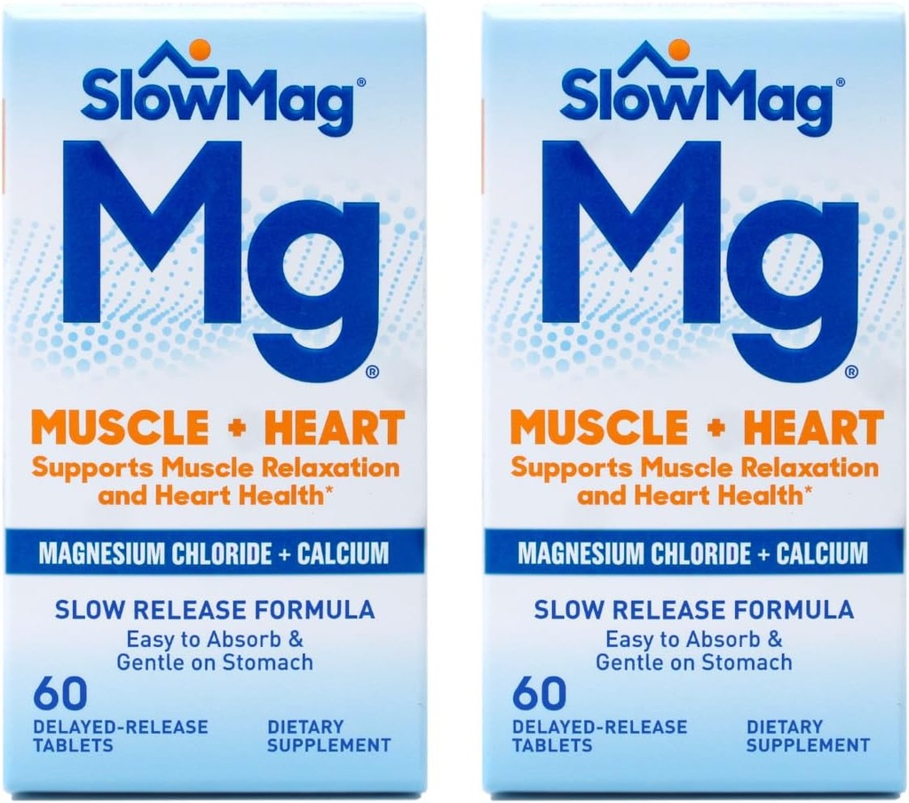 SlowMag MG Muscle + Heart Magnesium Chloride with Calcium Tablets 60 Count (Pack of 2)