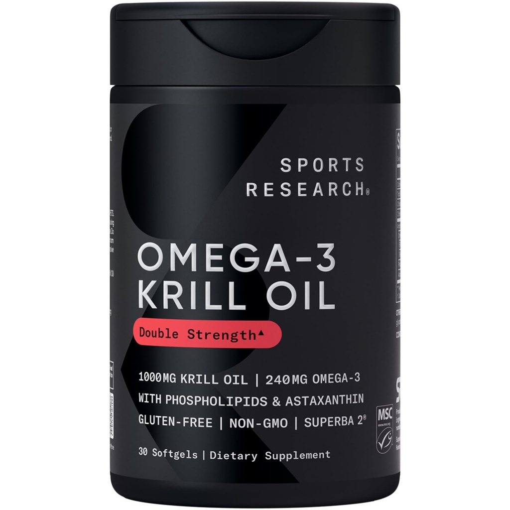 Sports Research Krill Oil Supplement with EPA & DHA Omega 3, Phospholipids & Astaxanthin from Antarctic Krill - Highest Concentration of Krill Oil for Men &amp; Women - 1000mg, 30 Softgel Capsules