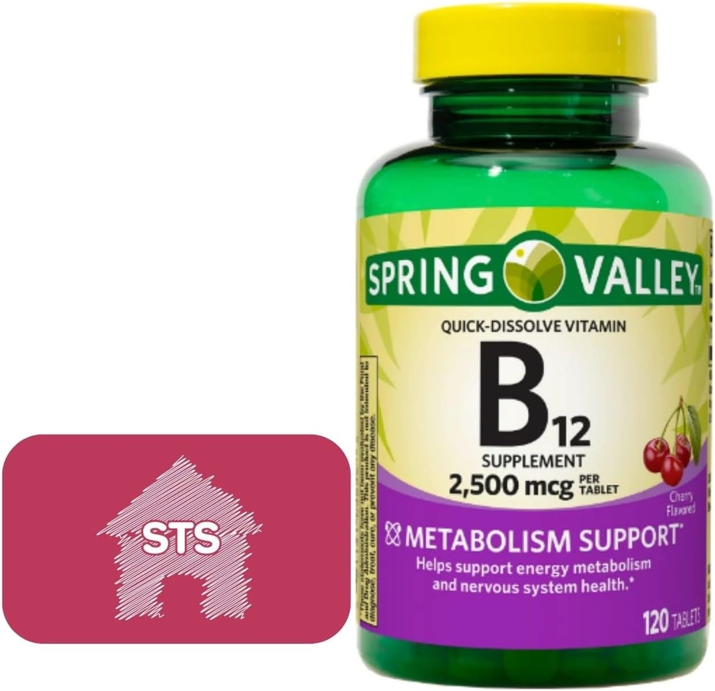 Spring Valley - Vitamina B12 Tablas rápidas, 2.500 mcg, Cherry Flavor, 120 Conde + STS Sticker.