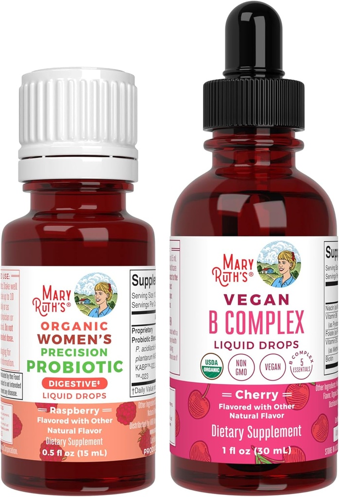MaryRuth Organics Precision Probiotic for Women (Raspberry) & B Complex Drops (Cherry) peru USDA Organic, Clean Label Project Verified® TEN Vitamins for Gut Health & Immunity ¦ Vegan, Non-GMO, Gluten Free