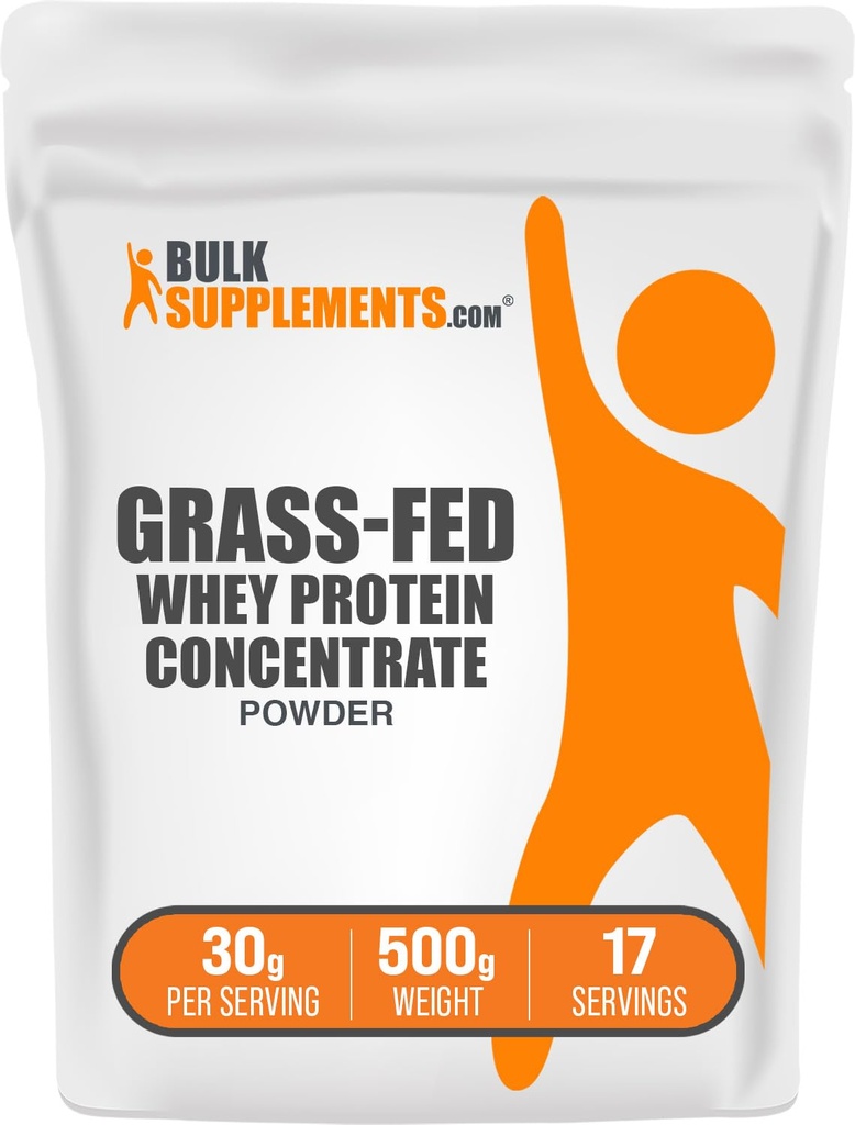 BulkSupplements.com Grass Fed Whey Protein Powder - Whey Protein Concentrate Powder - Unflavored & Gluten Free, 30g per Serving, 500g (1.1 lbs) (Pack of 1)