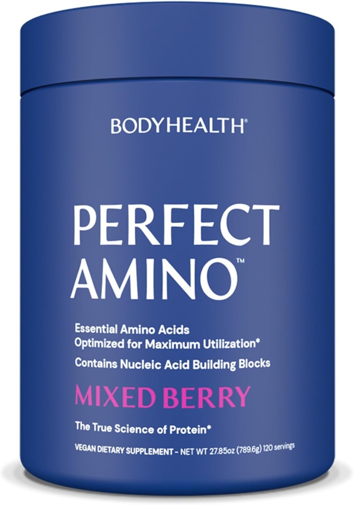 BodyHealth PerfectAmino Powder - BCAA and EAA Powder for Pre and Post Workout - Amino Acid Energy Drink for Hombres and Women to Support Lean Muscle and Recovery - Mixed Berry - 120 Servings