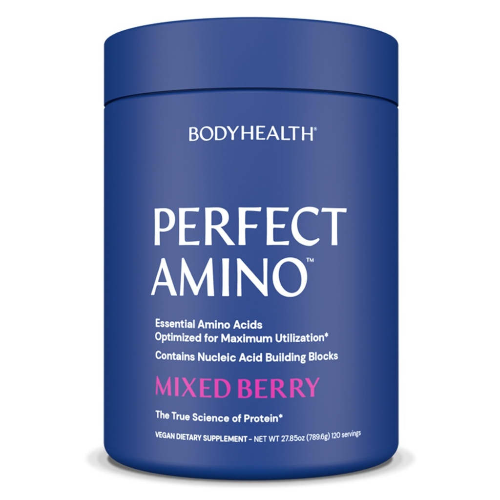 BodyHealth PerfectAmino Powder - BCAA and EAA Powder for Pre and Post Workout - Amino Acid Energy Drink for Hombres and Women to Support Lean Muscle and Recovery - Mixed Berry - 120 Servings