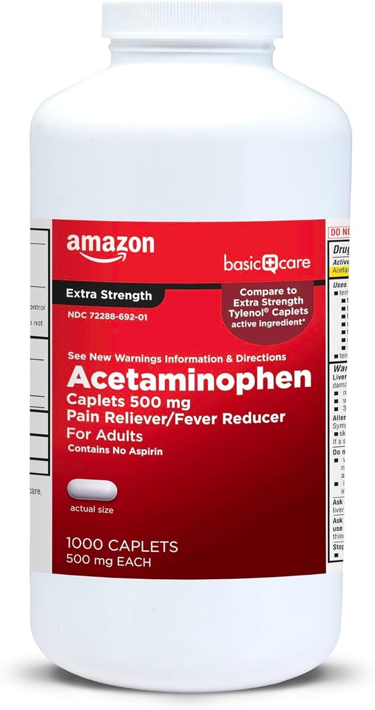 Cuidado básico Alivio de Dolor de Fuerza Extra, Caplets de Acetaminofeno, 500 mg, 1000 Conteo (Paquete puede variar)