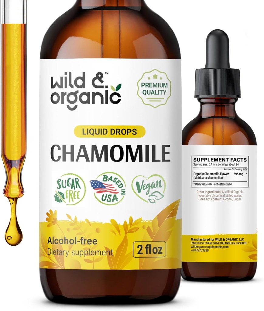 Wild &amp; Organic Chamomile Tintura - Relajando &amp; Calming Chamomile Suplemento - Liquid Flower Extract Drops - Vegan, Azúcar &amp; Alcohol-Free - 2 fl oz