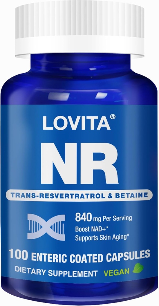 Lovita NR (Nicotinamide Riboside) 840 mg, Suplemento NAD con Trans-Resveratrol y Betaine, Promover NAD Plus Niveles, Envejecimiento saludable, 100 cápsulas Vegan Enteric-Coated