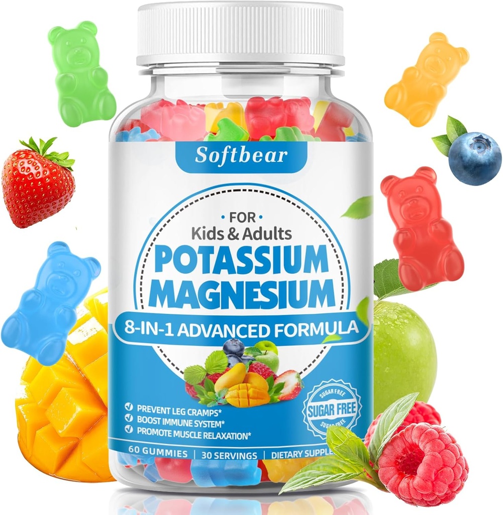 softbear Potasio Gummies para Adultos, Alta Absorción Potasio Magnesio Suplemento con Vitamina B6 CoQ10 para Leg Cramps &amp; Muscle Health Sin azúcar Vegan Mixed Fruit Flavor 60 Gummies
