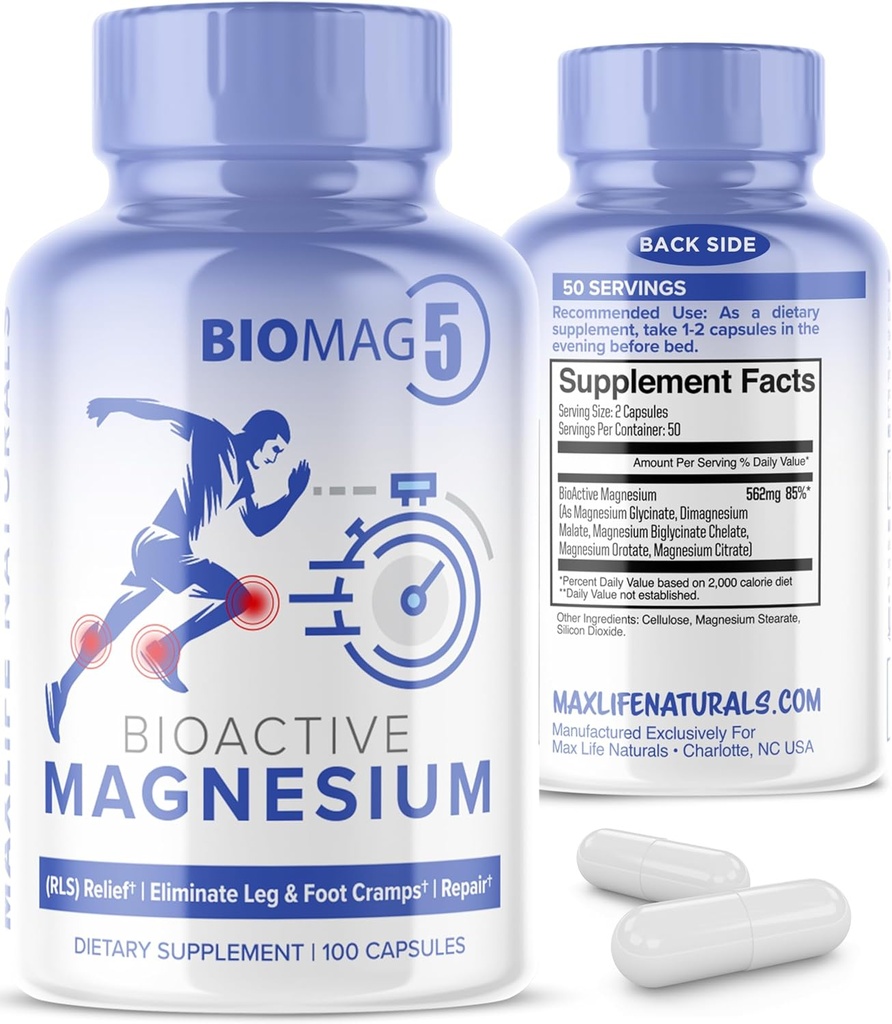 BioMag 5 Suplemento Complejo de Magnesio para Mujeres y Hombres, 100 cápsulas - Formulado en EE.UU. - BioActive y BioAvailable Magnesium Glycinate Malate Citrate Orotate y Biglycinate Chelate Suplementos