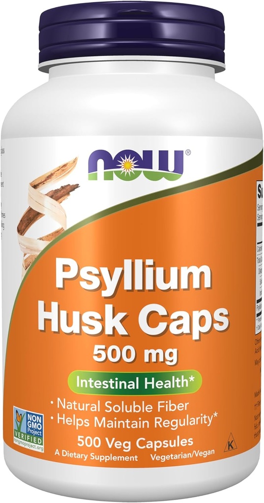 NOW Foods Supplements, Psyllium Husk Caps 500 mg, Non-GMO Project Verified, Natural Soluble Fiber, Intestinal Health*, 500 Veg Capsules