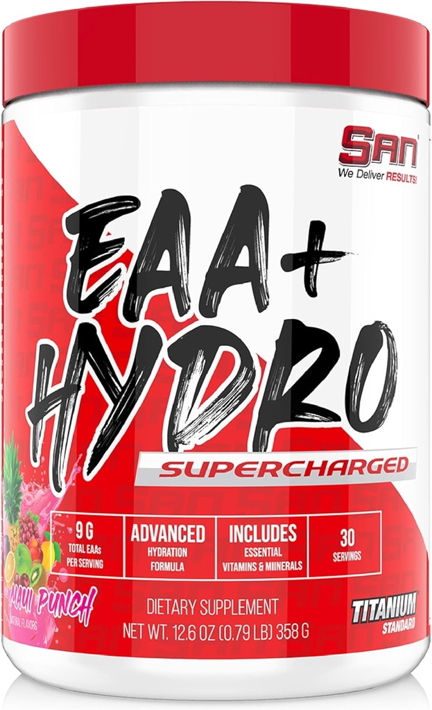 SAN EAA Hydration ← EAAs + BCAA sufrimiento recuperación muscular " Intra ← Aminoácidos esenciales 9G + electrolitos  durable Maui Punch 30