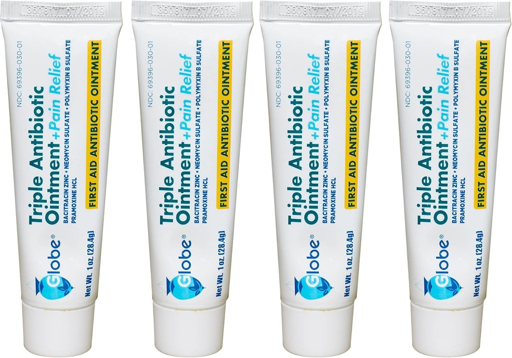 Globo (4 Pack Triple Antibiótico + Intento de alivio de dolor 1oz, Antibiótico de primeros auxilios, dolor de soothes, cortes, quemaduras y garrapatas 24 horas protección de infecciones