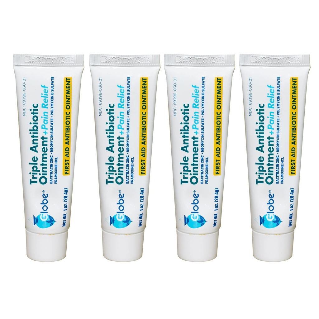 Globo (4 Pack Triple Antibiótico + Intento de alivio de dolor 1oz, Antibiótico de primeros auxilios, dolor de soothes, cortes, quemaduras y garrapatas 24 horas protección de infecciones