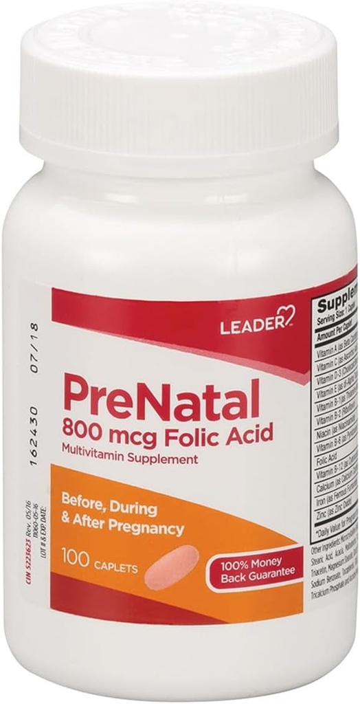Líder Multivitamina prenatal con ácido fólico de 800 mg " Nutrientes esenciales para el embarazo saludable " Desarrollo fetal, vitamina de alta potencia para las mamás esperadas, soporte diario, 100 cápsulas (2-Pack)