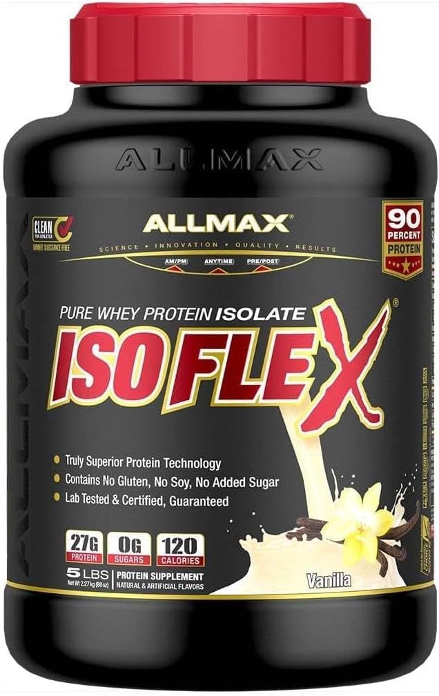 ALLMAX ISOFLEX Whey Protein Isolate, Vanilla - 2 lb - 27 Gramos de Protein Por Scoop - Zero Fat & Sugar - 99% Lactose Gratis - Gluten Free &amp; Soy Free - Aprox. 30 Servimientos
