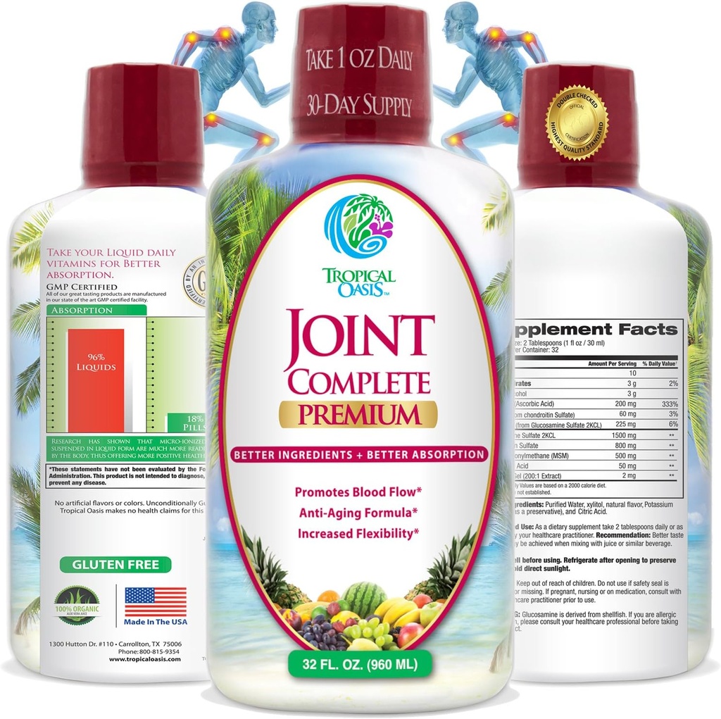 Tropical Oasis Joint Premium - Suplemento Conjunto Líquido con Sulfato de Glucosamina Líquida, Condroitina, MSM & Ácido Hialurónico - 96% Max Absorción– 32oz, 32 serv, 33484