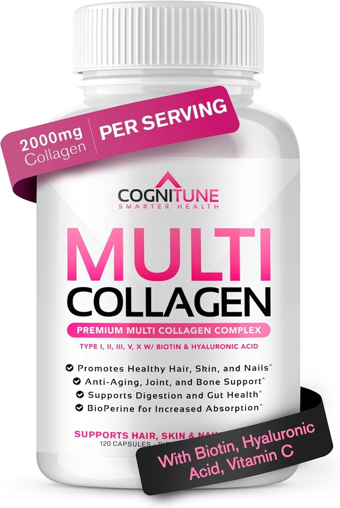 Multi Collagen for Women with Hyaluronic Acid, Vitamina C and Biotin, Collagen Protein Supplement with Types I, II, III, V, X Peptides for Healthy Hair, Skin, Nails and Joints, 120 Capsules