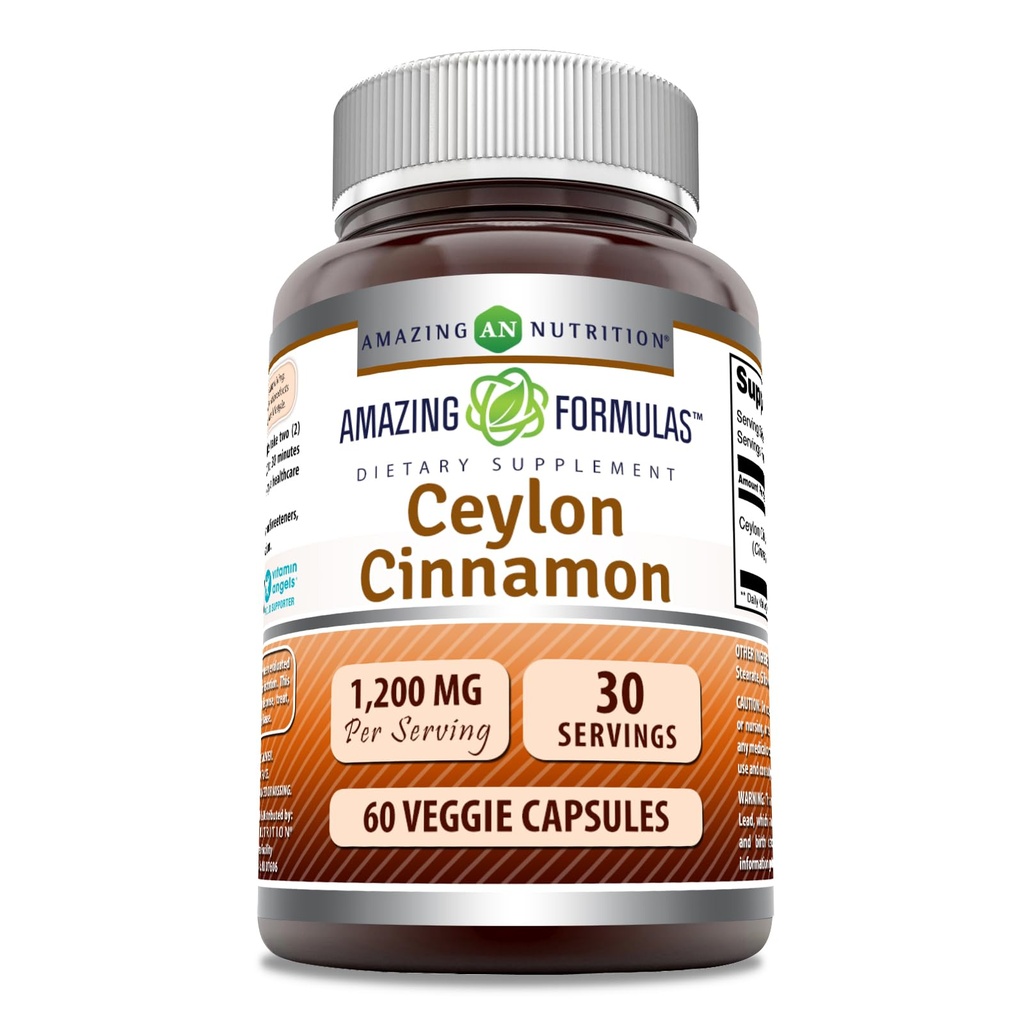 Fórmulas increíbles Ceylon Cinnamon 1200 Mg Suplemento Silencio Vegetarian Capsules ← No Gluten-Free TEN Made in USA (1 Pack ← 60 Cuenta)