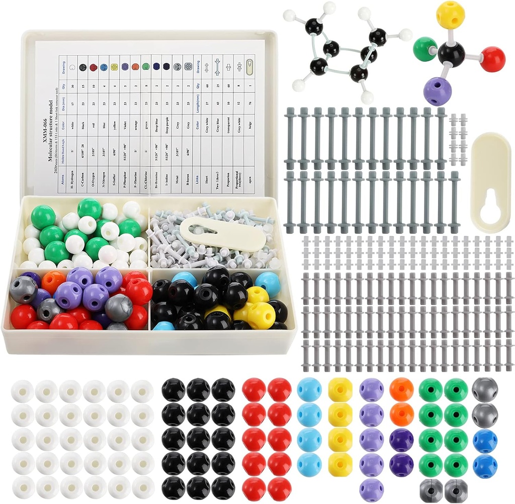 YOPAY 240 piezas Molecular Model Kit, Química Orgánica e Inorgánica Modelo de Estructura Molecular, 86 átomos y 153 enlaces y 1 Short Link Remover Herramienta