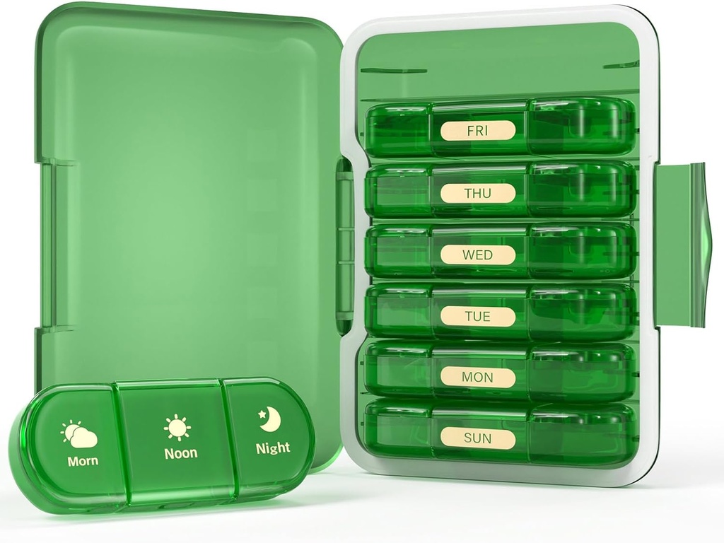 Organizador semanal de píldoras 3X al día, 7 Day Pill Box 3 veces, Portable for Travel Pills/Vitamin/Fish Oil/Medication/Supplements (3x7 Green)