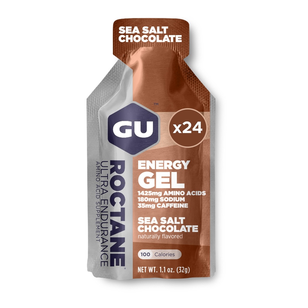 GU Energy Roctane Ultra Endurance Energy Gel, Vegan, Gluten-Free, Kosher y Dairy-Free On-The-Go Sports Nutrition for Running, Biking, Hiking or Skiing, Sea Salt Chocolate, 24-Count