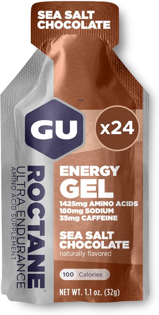 GU Energy Roctane Ultra Endurance Energy Gel, Vegan, Gluten-Free, Kosher y Dairy-Free On-The-Go Sports Nutrition for Running, Biking, Hiking or Skiing, Sea Salt Chocolate, 24-Count