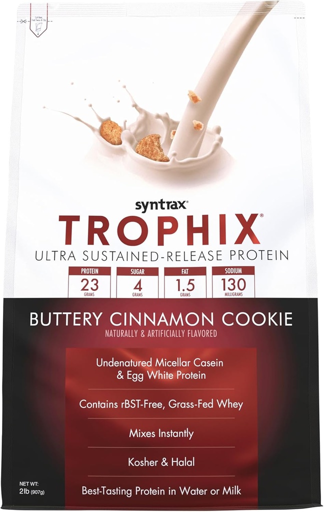 Syntrax Nutrition Trophix, Ultra Sustained-Release Protein Powder Blend, Real Cookie Pieces, Buttery Cinnamon Cookie, 2 lbs
