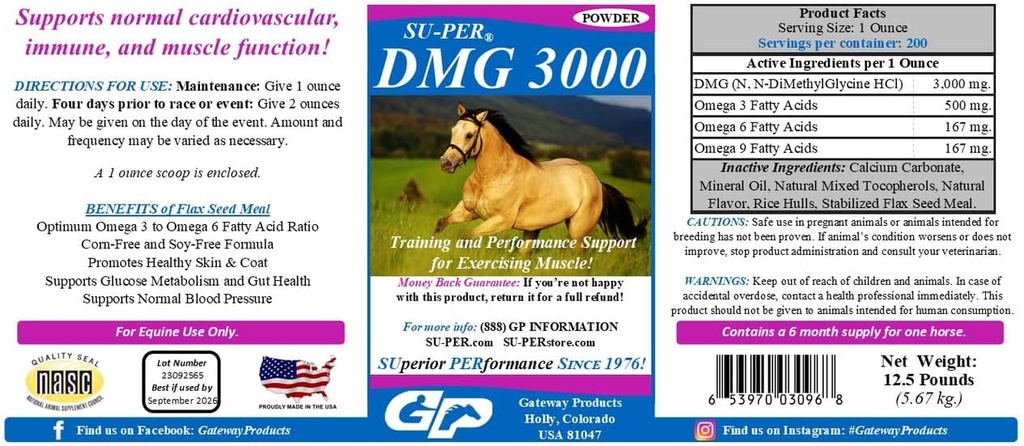 SU-PER DMG 3000 Horse Supplement - Training & Performance Support Powder - Supports Normal Cardiovascular Immune & Muscle Function - 12.5 Libras, 6 Month Supply