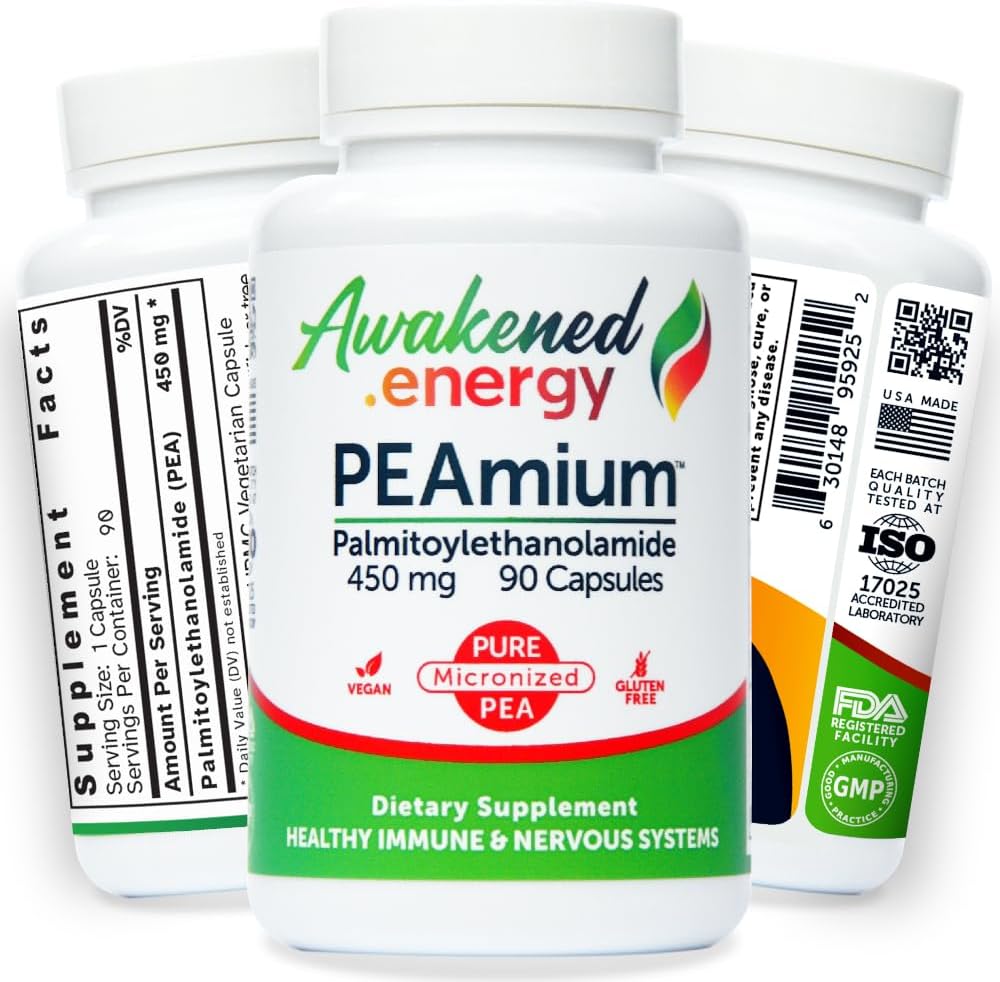 Palmitoylethanolamide 450mg Comfort Mobility Nerves Cognitive & Immune Support - Micronized High Absorption - All Natural Pea - USA Made - No Additives or Excipients – 90 Vegan Capsules Suplemento