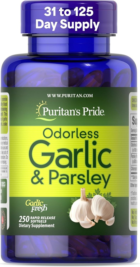 Pride de Puritan Preimum Ajo sin olor 5 mg (500 mg equivalente) " Parsley, Suplemento dietético Tradicional para la salud del corazón, la circulación y el apoyo al flujo sanguíneo, 250 Rapid Release Softgels