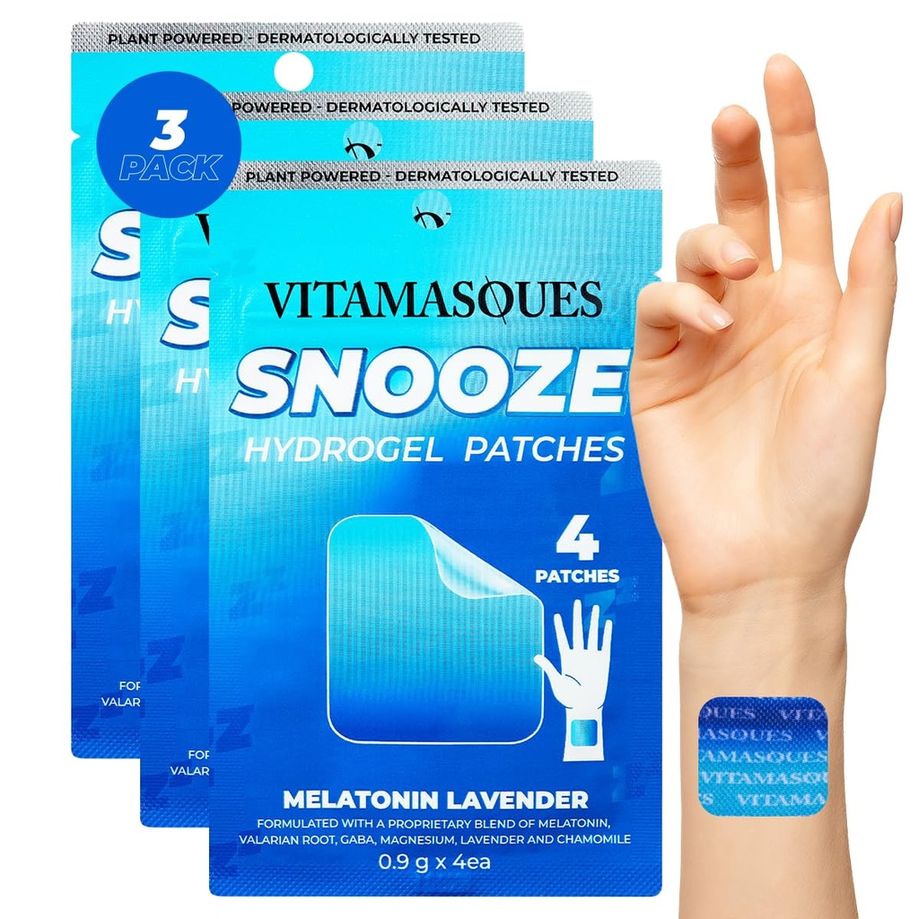 Vitamasques Patches de sueño para adultos, SnoozeMe Wellness Hydrogel Patch (3-Pack) - Dormir con Lavender, Melatonin, " Valerian Root - Cuidado de la piel de Corea libre de crueldad