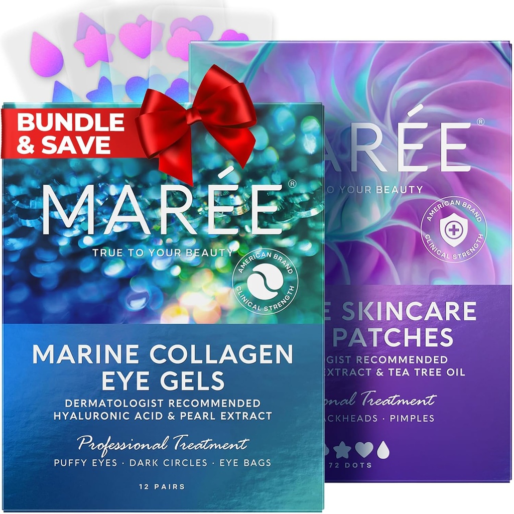 MAREE Eye Gels & Acne Сlearing Devices Bundle - Under Eye Gels for Puffy Eyes and Dark Circles, Hydrocolloid Acne Therapy Device - Marine Collagen & Hyaluronic Acid, Green Algae Extract & Tea Tree Oil
