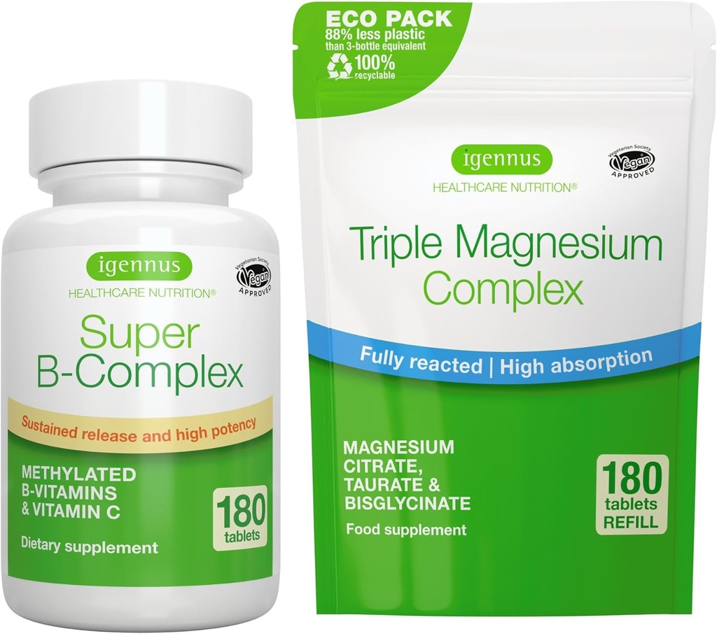 Super B-Complex 180 Tablets + Triple Magnesium Complex 180 Tablets Vegan Bundle, Methylated Sustained Release B Complex + High Absorption Chelated Magnesium Glycinate, Taurate & Citrate, by Igennus