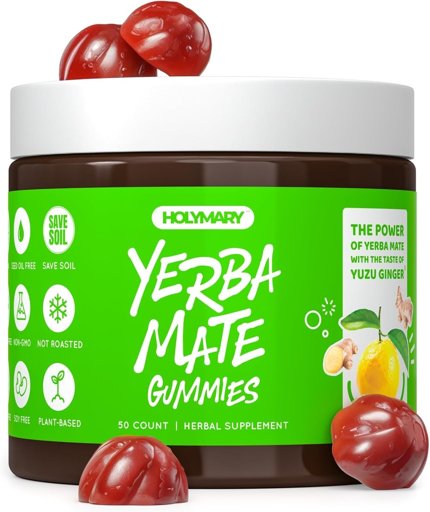 Yerba Mate Gummies - Yuzu & Ginger Flavor for Energy, Focus, Immunity & Cardio Health TEN Vegan, Non-GMO, Gluten-Free - 50 Natural Supplement Gummies