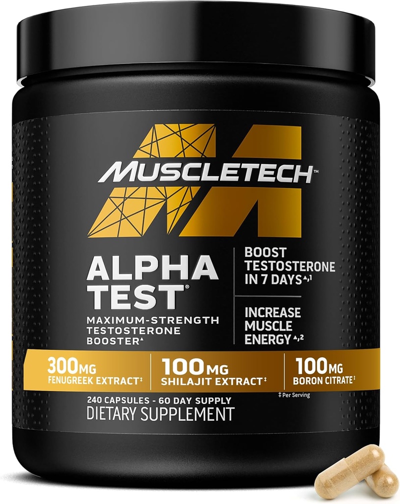 MuscleTech Testosterone Booster para Hombres, AlphaTest - T-Boost Mens Suplemento con Tribulus Terrestris " Boron - Daily Hombre Gym Workout Suplementos para el crecimiento muscular, resistencia " Energía - 240 pastillas